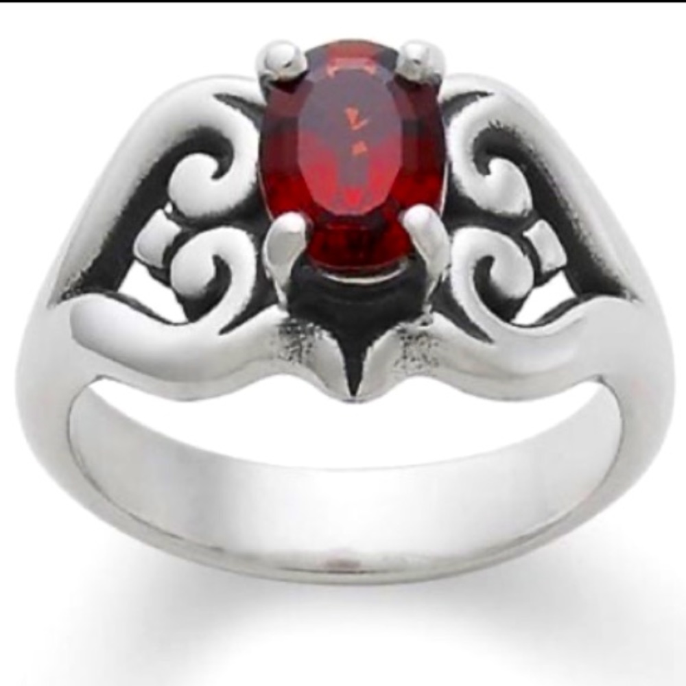 James Avery Scrolled heart garnet ring